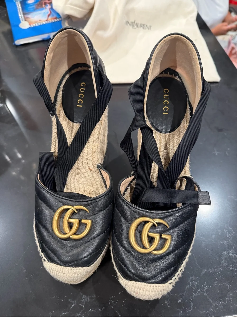 Gucci Black Quilted Leather Espadrilles with Gold Double G